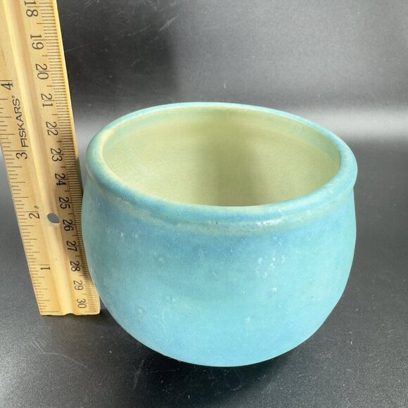 Vintage Turquoise Glaze Pottery Stoneware Dish Bowl Planter Flower Pot Signed - Picture 3 of 12